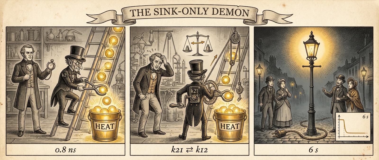 Three-panel engraving: a demon labeled k21 stuffs glowing quanta into a bucket marked HEAT (0.8 ns); seen from behind he also cranks quanta up the ladder (k21 and k12 in detailed balance); an unplugged Victorian street lamp still glows, six seconds and counting.